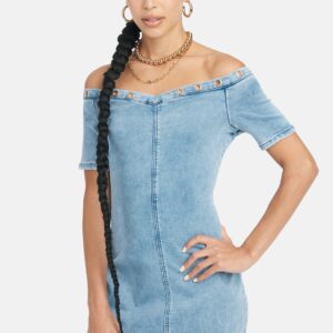 Bebe Women's Off Shoulder Grommet Jean Dress, Size 6 in Medium Blue Wash Cotton/Spandex