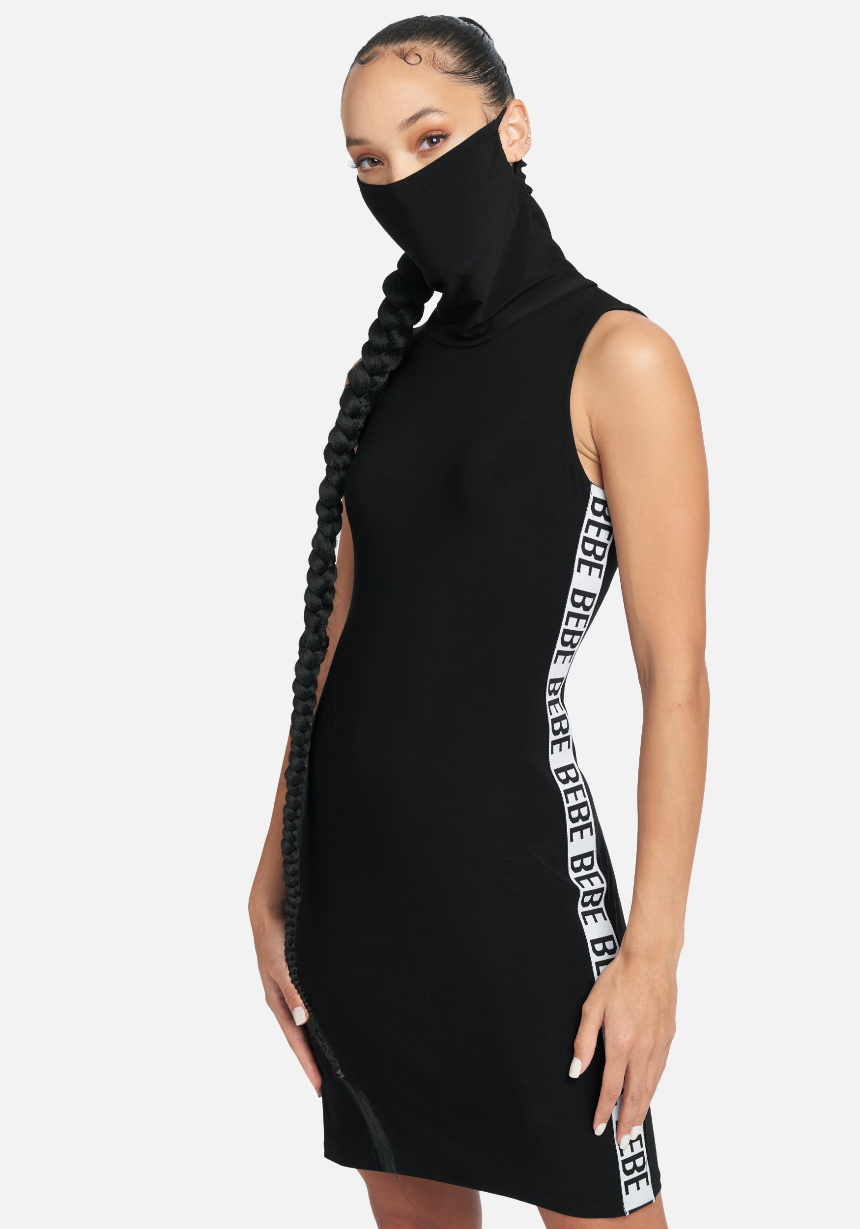 Women's Bebe Logo Sleeveless Mask/Mock Neck Dress, Size XS in Black