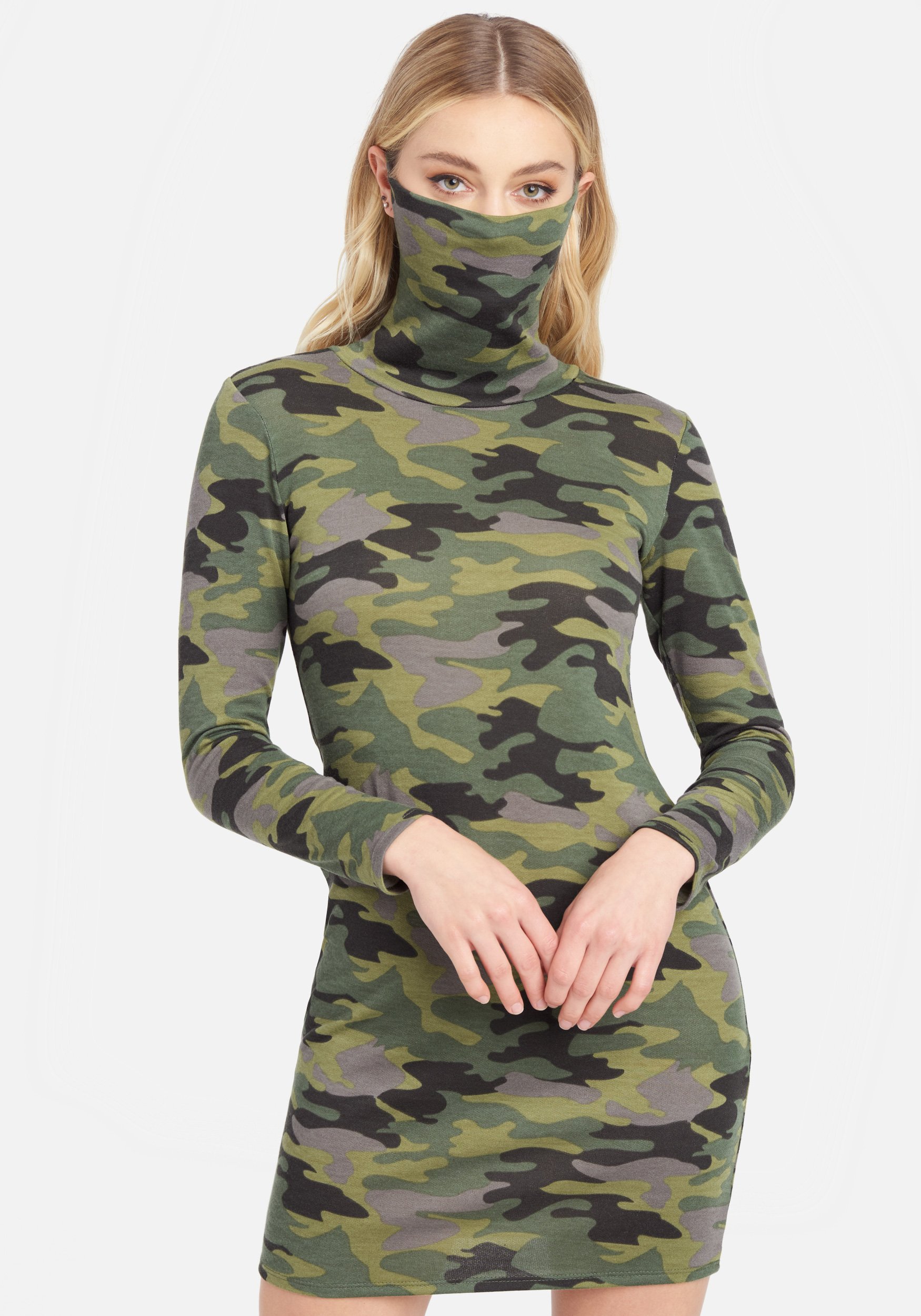 Bebe Women's Camo Long Sleeve Mask/Mock Neck Dress, Size XS in Camouflage Viscose
