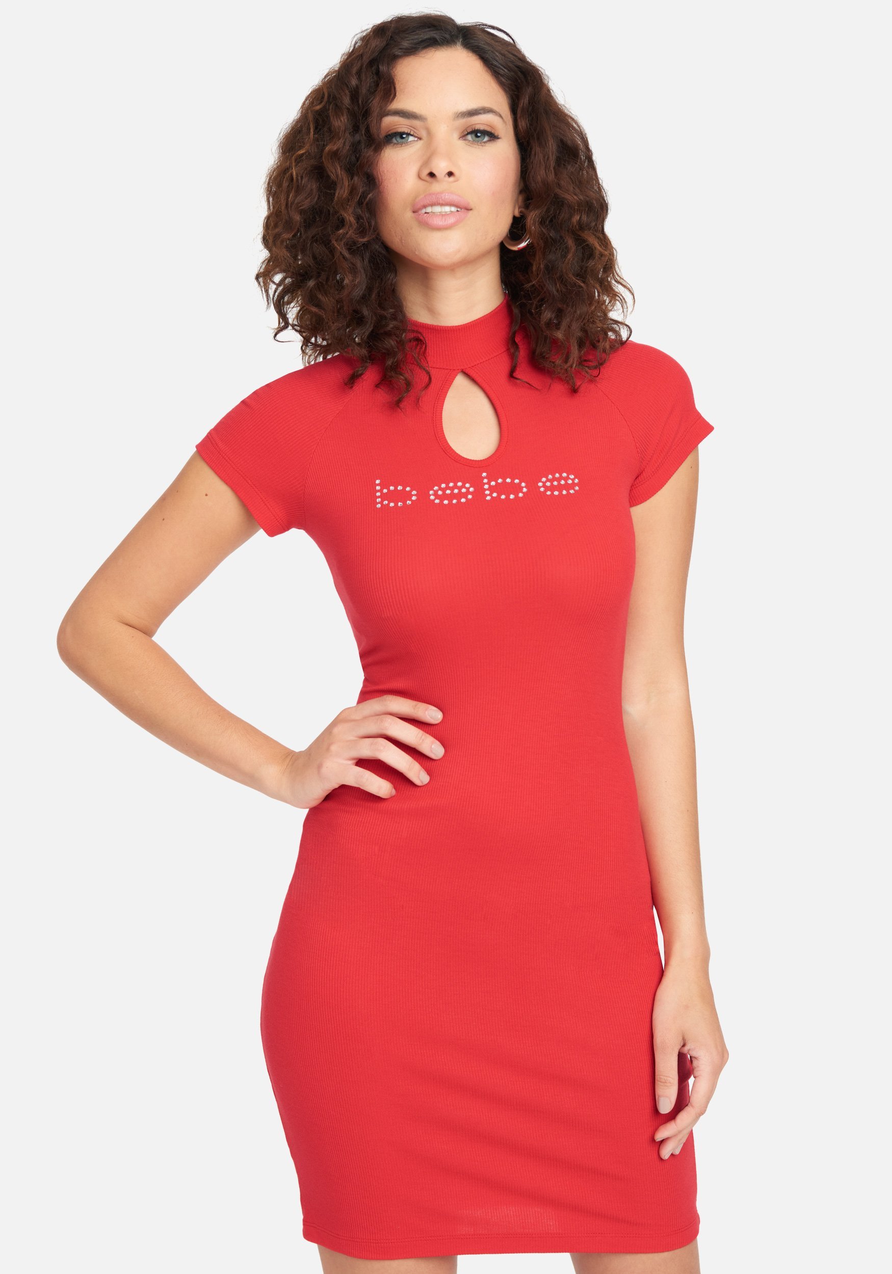 Women's Keyhole Bebe Logo Dress, Size Small in True Red Spandex