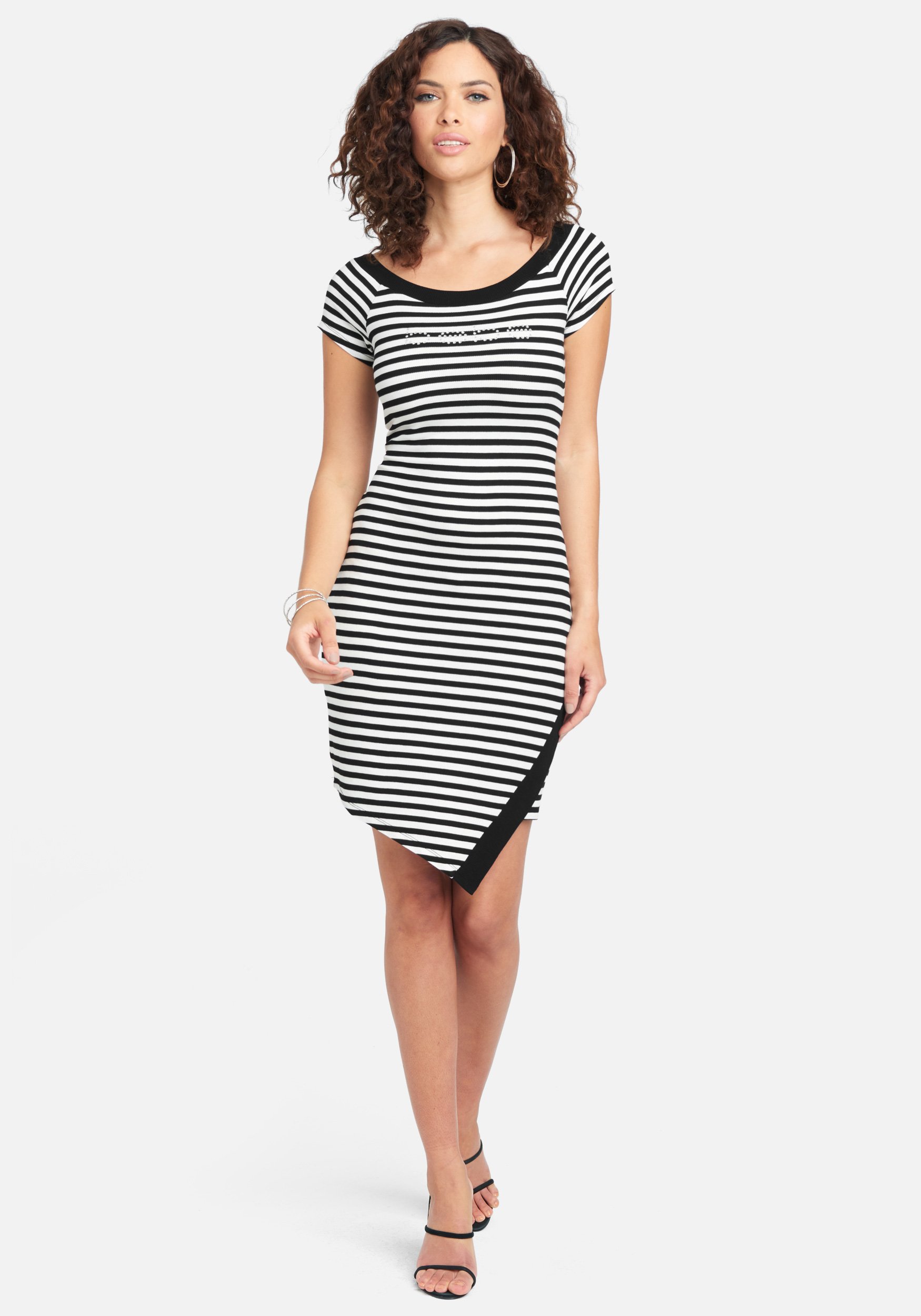 Women's Stripe Bodycon Bebe Logo Dress, Size XS in Black/White Spandex/Nylon