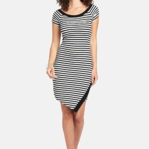 Women's Stripe Bodycon Bebe Logo Dress, Size Small in Black/White Spandex/Nylon