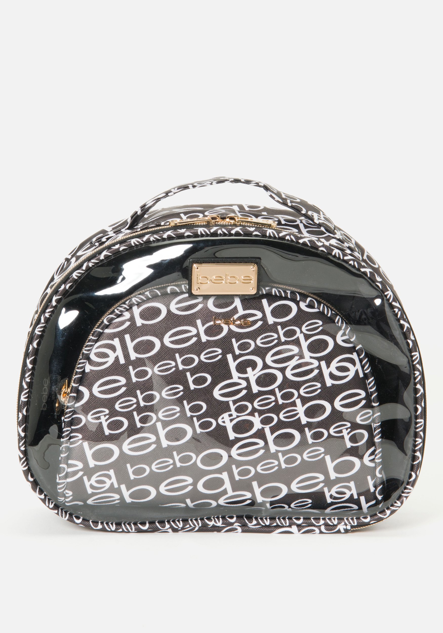 Women's Black and Silver Bebe Logo Cosmetic Bag, Size Standard in Black/Silver Polyurethane