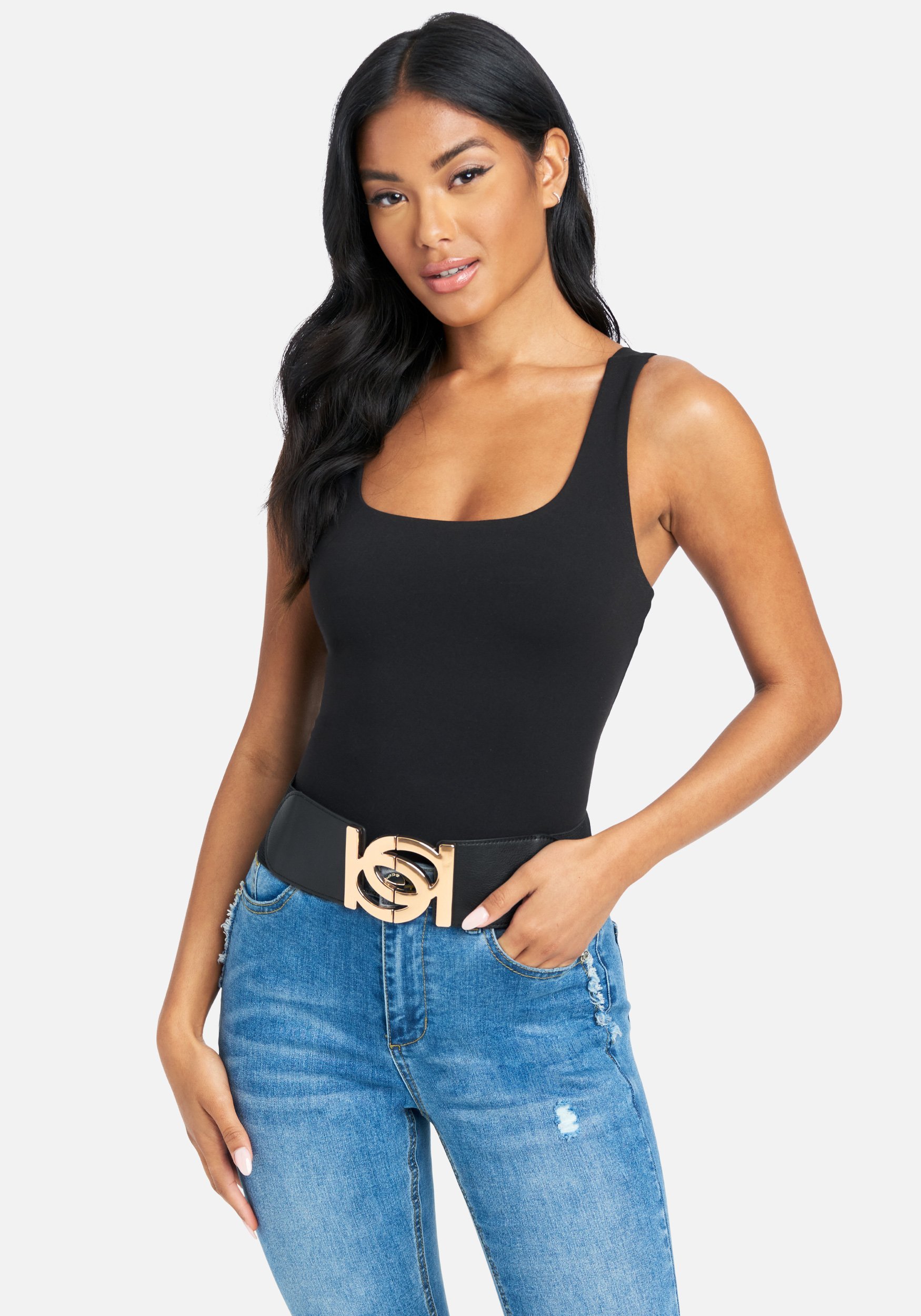 Women's Gold Bebe Logo Stretch Belt, Size S/M in Black Leather