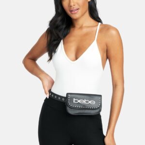 Women's Bebe Logo Grommet Belt bag, Size Medium in Black Leather