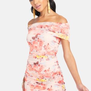 Bebe Women's Off Shoulder Floral Ruch Dress, Size XL in Blush/Pink Polyester