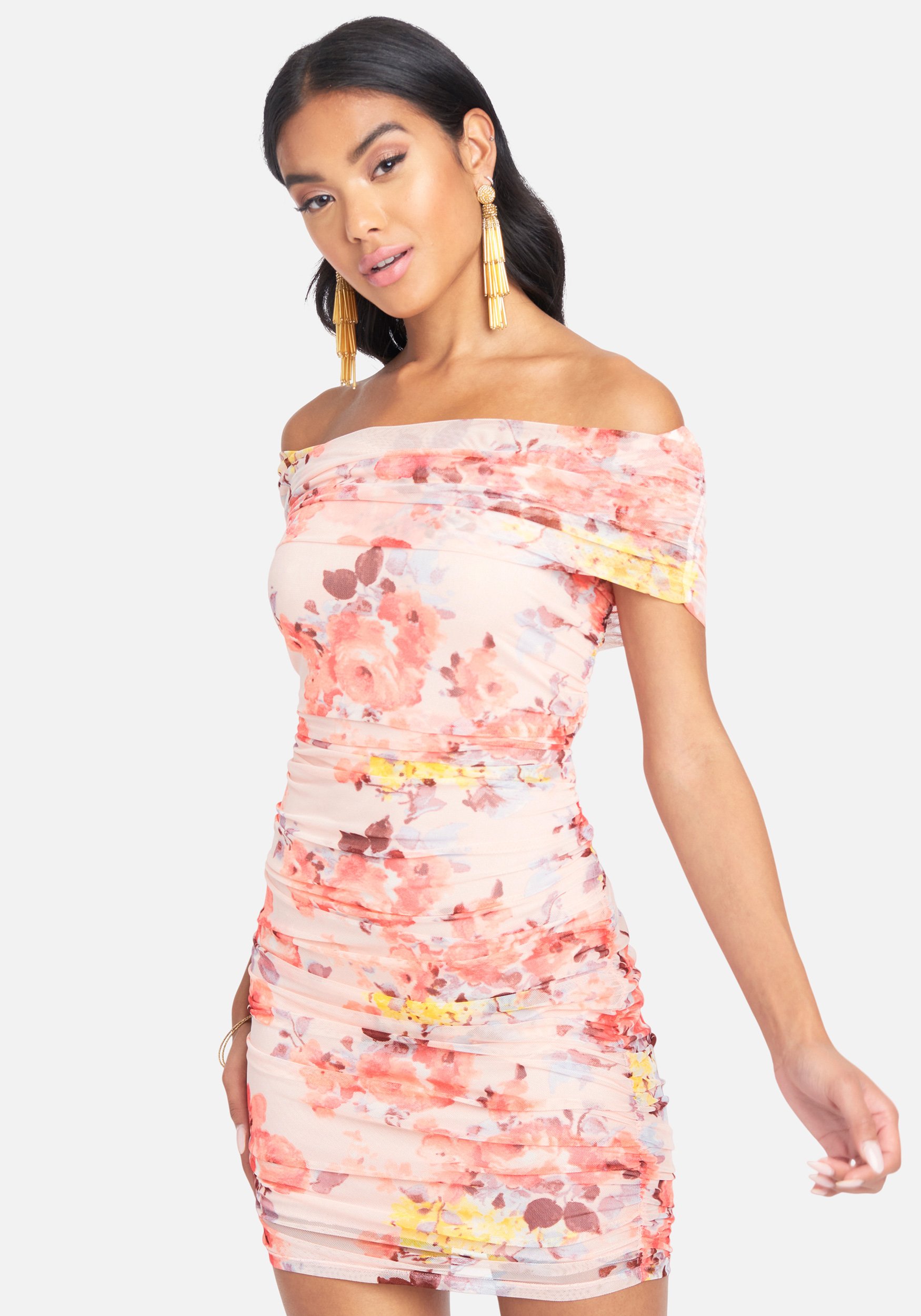 Bebe Women's Off Shoulder Floral Ruch Dress, Size Large in Blush/Pink Polyester