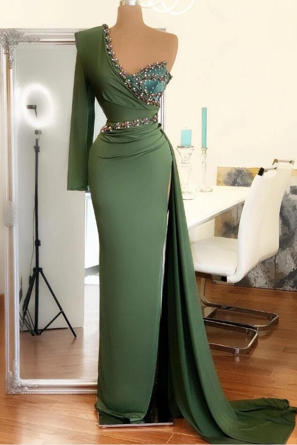 Elegante vestido de noche de sirena de un hombro Vestido de fiesta verde