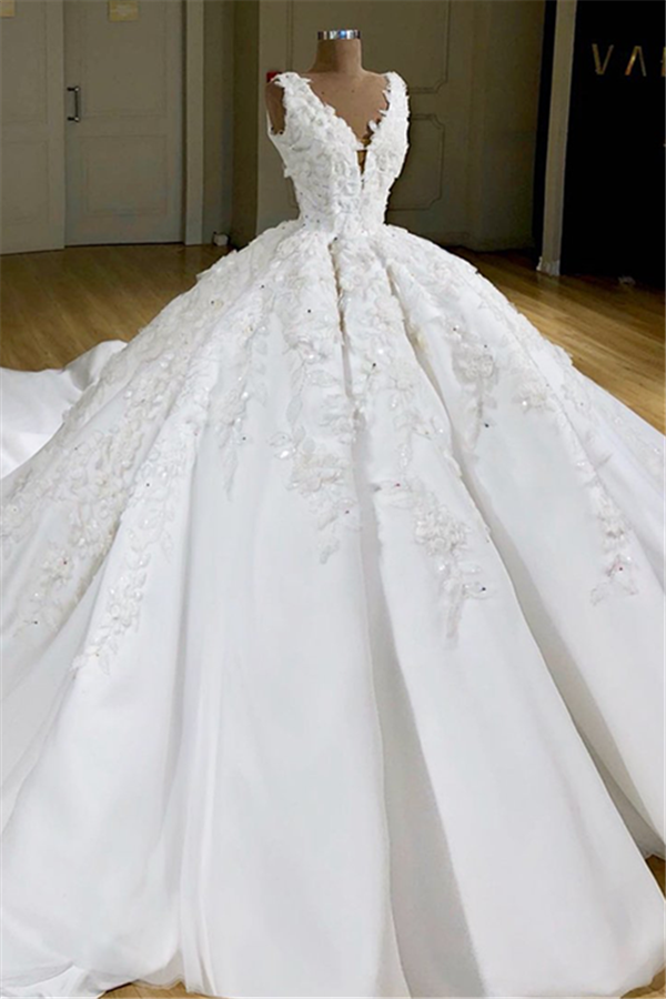 Apliques con cuello en V de lujo Vestido de novia delicado Vestido de novia