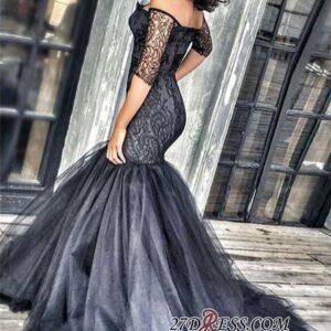 2021 Black New Court-Train Off-the-shoulder Tulle Half-Sleeves Lace Mermaid Evening Dresses BA3948 BK0_Evening Dresses_Prom &amp; Evening_High Qua