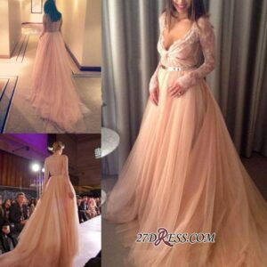 2021 V-Neck Beautiful Tulle Long-Sleeve Lace Long Evening Dress_Evening Dresses_Prom &amp; Evening_High Quality Wedding Dresses, Prom Dresses, Eve