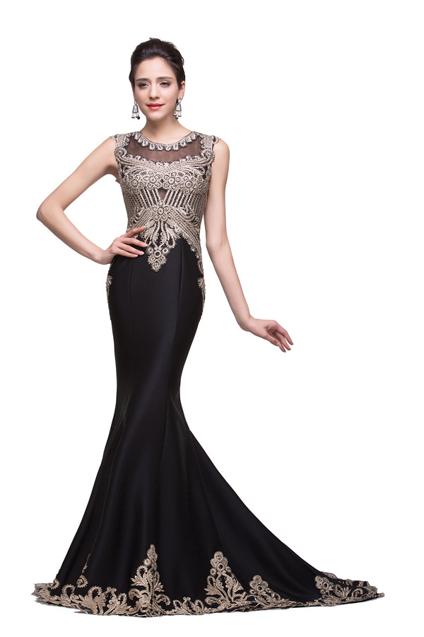 GISELLE | Mermaid Crew Sweep-length Black Prom Formal Dresses With Applique