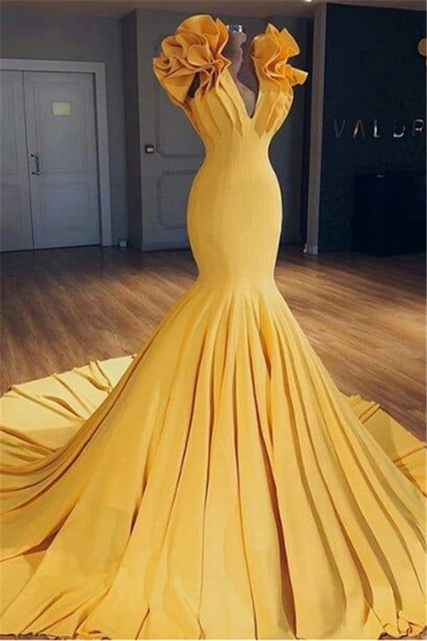 2021 baratos vestidos de fiesta de sirena de color amarillo jengibre en maniquíes | Ruffles Court Train Sexy vestidos de noche BA9299