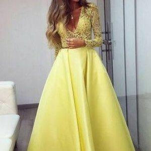 Stunning Yellow Long Sleeve 2021 Prom Dress V-Neck Lace BA3130_Evening Dresses_Prom &amp; Evening_High Quality Wedding Dresses, Prom Dresses, Even