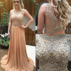 2021 Chiffon Champagne Crystals-Beaded A-line Luxury Long Prom Dresses_Prom Dresses_Prom &amp; Evening_High Quality Wedding Dresses, Prom Dresses,