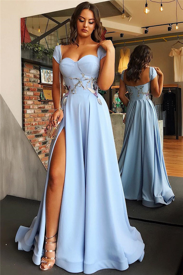 Vestido de noche formal con espalda abierta azul con mangas cortas 2021 | Sexy Side Slit apliques vestidos de baile baratos bc1747