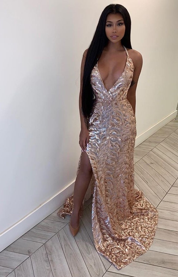 2021 Chic Halter V Neck Mermaid Evening Dress | Sequins Sleeveless Front Split Prom Gown On Sale_Evening Dresses_Prom &amp; Evening_High Quality W