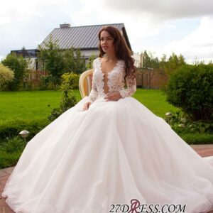 2021 Button Tulle Glamorous Princess Long-Sleeve Lace Zipper Wedding Dress_2021 Wedding Dresses_Wedding Dresses_High Quality Wedding Dresses, Prom Dre