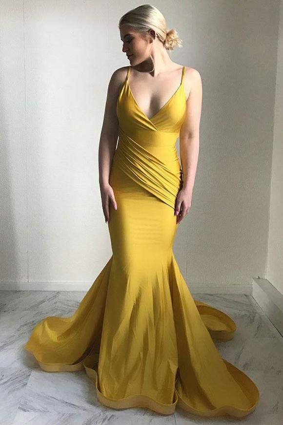 Elegante vestido de noche con cuello en V | Vestido de fiesta amarillo sirena 2021