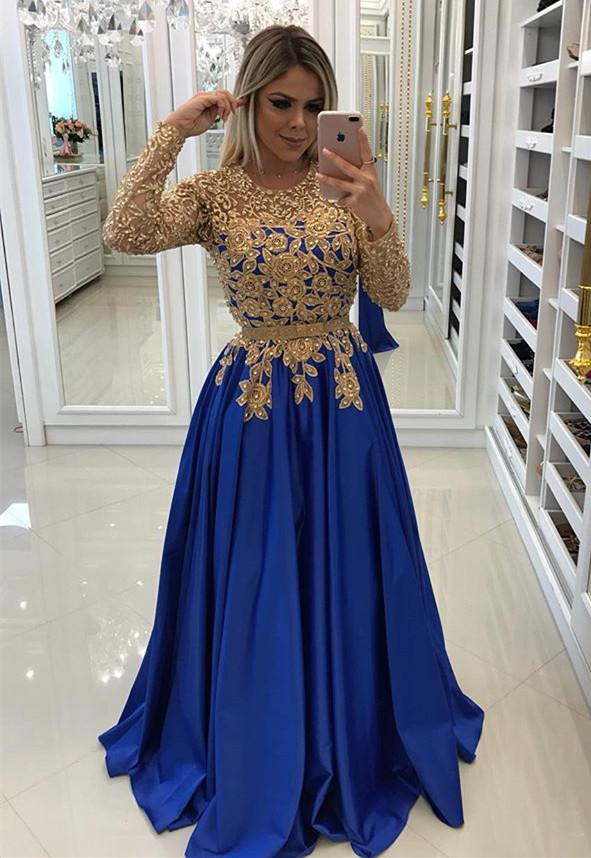 Vestido de noche moderno de encaje azul y oro Royal | Vestido de fiesta de manga larga