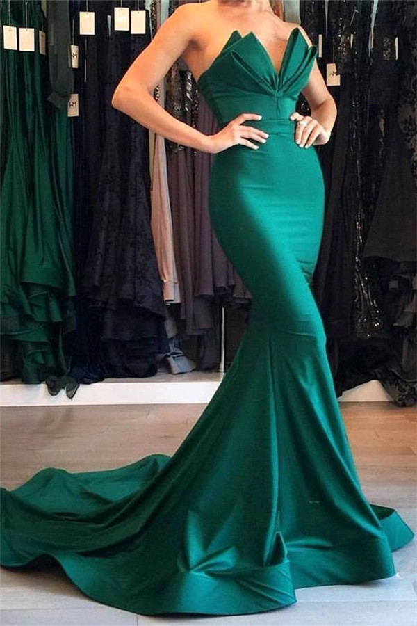 Vestido de fiesta verde sin tirantes de sirena Vestidos de noche sexy elegantes de sirena baratos