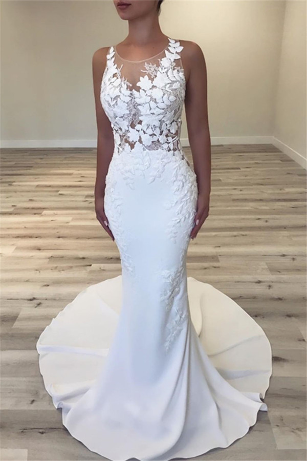 2021 vestidos de novia de sirena sin mangas sexy | Scoop flores baratas vestidos de novia con botones