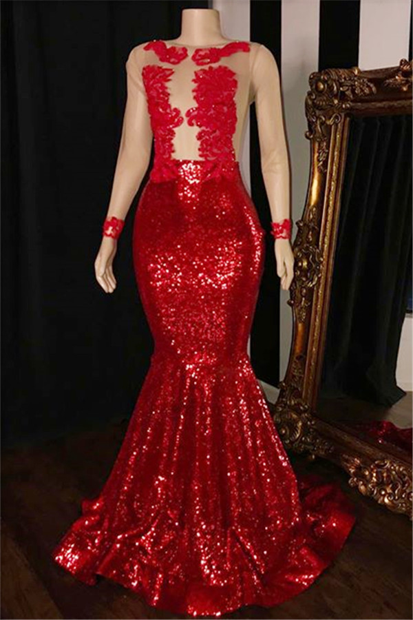 2021 mangas largas lentejuelas sirena vestidos de baile | Vestido de noche largo rojo de tul escarpado glamoroso