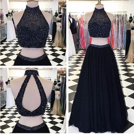 2021 A-line High-Neck Black Two-Piece Beaded Long Prom Dresses_Prom Dresses_Prom &amp; Evening_High Quality Wedding Dresses, Prom Dresses, Evening