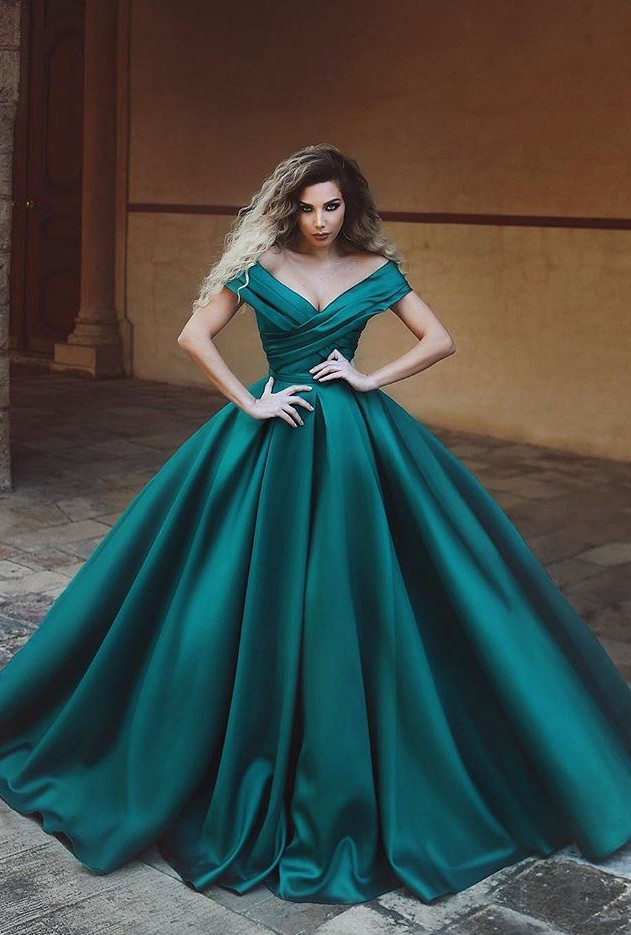 2021 Decent Green Off-The-Shoulder Ball Gown Evening Gown | Modest V Neck Sleeveless Prom Dress On Sale_Evening Dresses_Prom &amp; Evening_High Qu