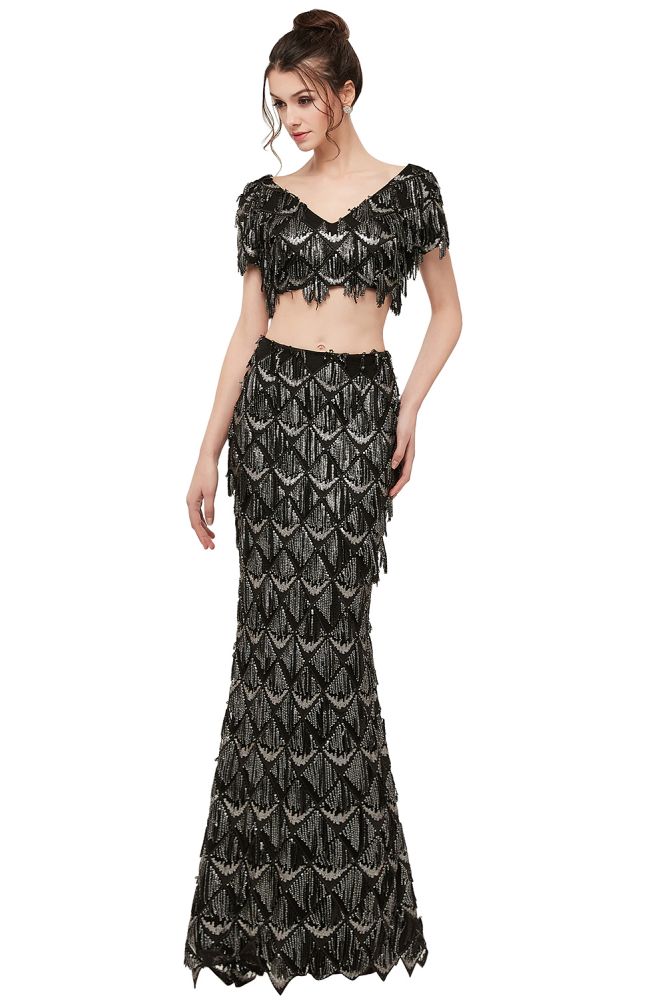 ZOE | Sirena de dos piezas mangas cortas larga con cuello en V lentejuelas negro vestidos de baile