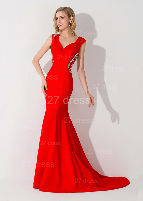 Sexy Red Mermaid Sweep Train Evening Dress Straps Beadings _Evening Dresses_Prom &amp; Evening_High Quality Wedding Dresses, Prom Dresses, Evening