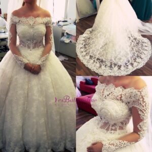 Ball-Gown Off-the-Shoulder Amazing Lace Pearls Long-Sleeves Wedding Dresses_Ball Gown Wedding Dresses_Wedding Dresses_High Quality Wedding Dresses, Pr