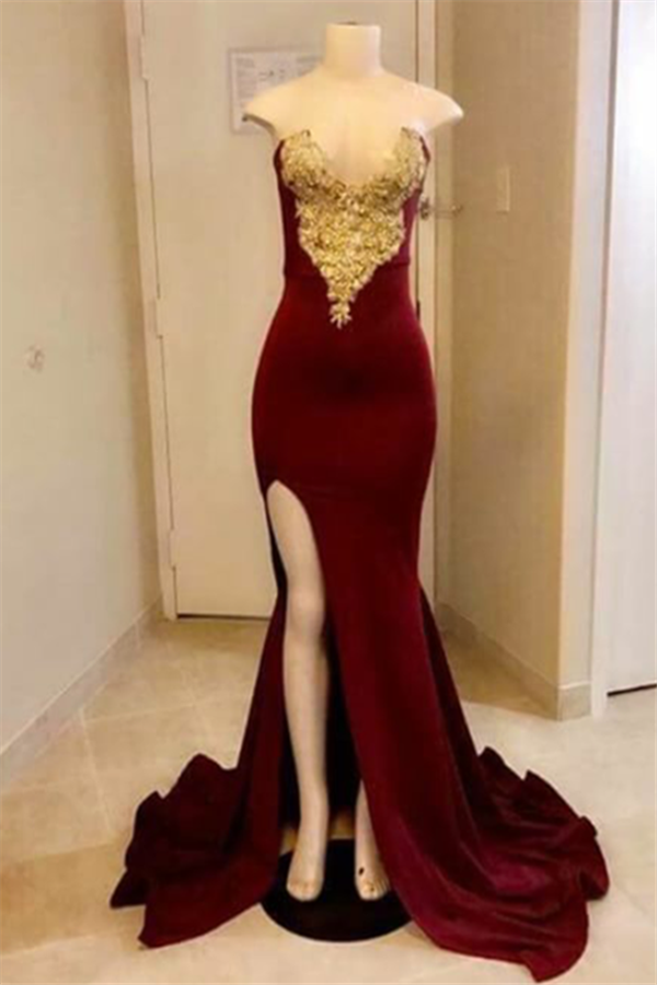 Sexy Sweetheart Mermaid Prom Dreses con High split | Apliques de terciopelo dorado Vestidos de noche con abertura lateral