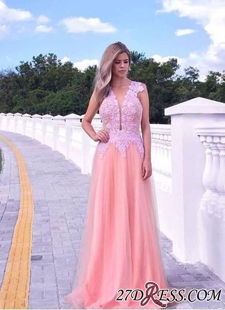 V-neck A-line Appliques-lace Tull Sweep-train Sleeveless Evening Dress_Evening Dresses_Prom &amp; Evening_High Quality Wedding Dresses, Prom Dress