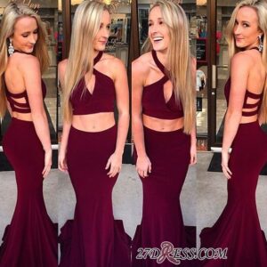 Two-piece Sleeveless Cross-Back Burgundy Sexy Long Mermaid Evening Gown_Evening Dresses_Prom &amp; Evening_High Quality Wedding Dresses, Prom Dres