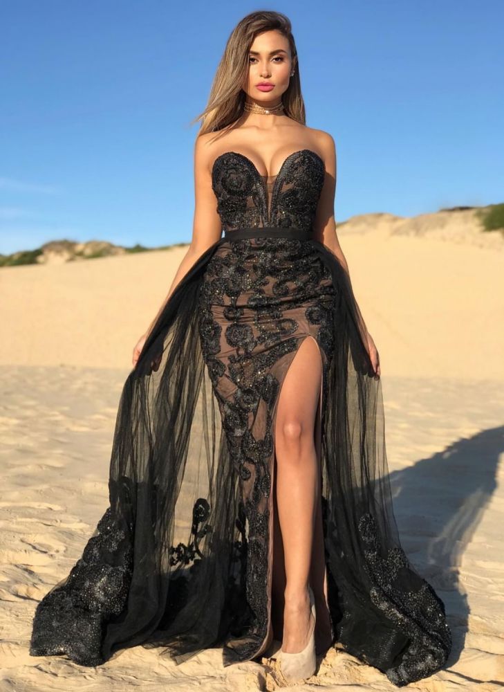 2021 vestidos de fiesta sexy negro amor | Reborde lateral abalorios falda vestido de noche barato