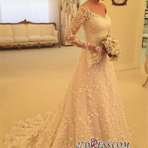Off-the-Shoulder Long-Sleeves Appliques A-Line Buttons Lace Wedding Dresses_A-Line Wedding Dresses_Wedding Dresses_High Quality Wedding Dresses, Prom