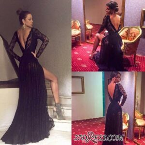 2021 Black Sexy Sweep-Train Lace Long-Sleeve Prom Dress BA4357_Prom Dresses_Prom &amp; Evening_High Quality Wedding Dresses, Prom Dresses, Evening