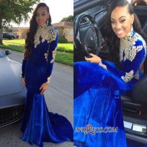 2021 Appliques Elegant Royal-Blue Mermaid High-Neck Long-Sleeves Prom Dress BK0 BC2061_Prom Dresses_Prom &amp; Evening_High Quality Wedding Dresse