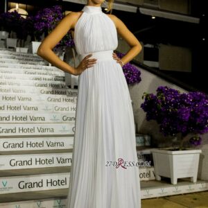 2021 Long High-Neck White Ruched Chiffon Elegant Prom Dress_Prom Dresses_Prom &amp; Evening_High Quality Wedding Dresses, Prom Dresses, Evening Dr