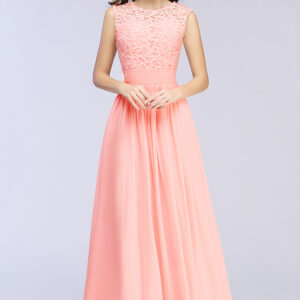 2021 Pink Long Sleeveless Sheer-Back Prom Dress Cheap Lace Chiffon Bridesmaid Dress_Bridesmaid Dresses_Bridesmaid &amp; Flower Girl_High Quality W