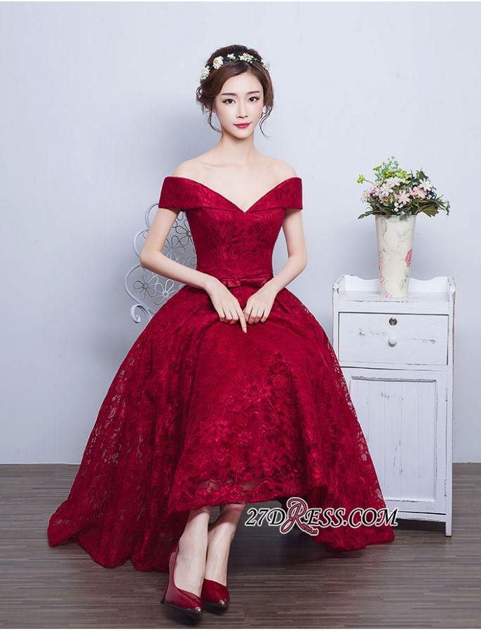 2021 Burgundy Off-the-Shoulder A-line Lace Vintage Tea-Length Prom Dresses BA4449_Prom Dresses_Prom &amp; Evening_High Quality Wedding Dresses, Pr
