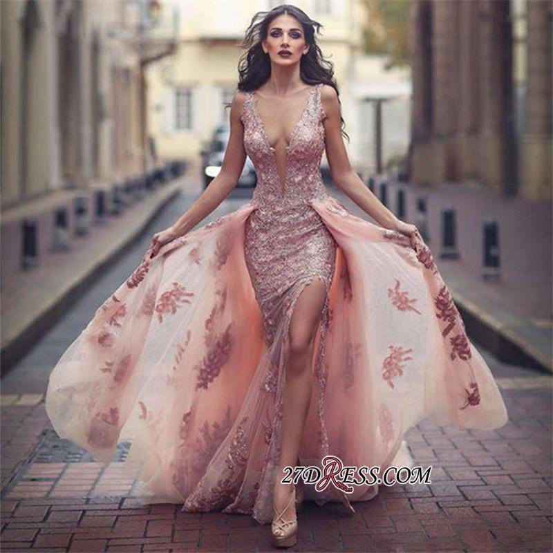 V-neck Slit Lace Amazing Front Tulle Pink Overskirt Appliques Evening Dress JJ0156_Evening Dresses_Prom &amp; Evening_High Quality Wedding Dresses