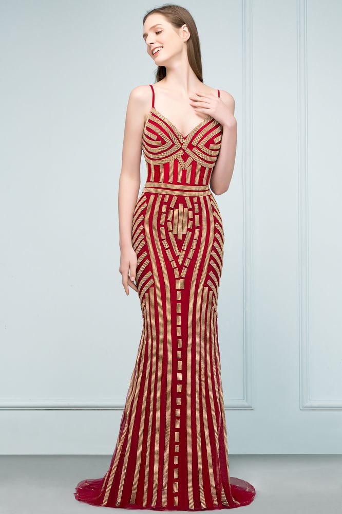 SUSIE | Sirena espaguetis con cuello en V piso longitud rebordear vestidos de baile de tul