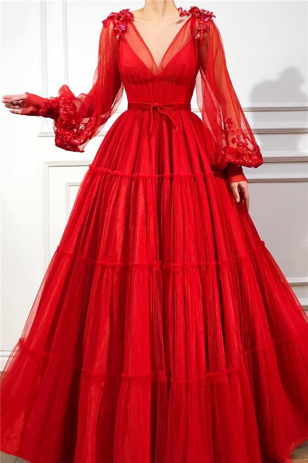 Elegante vestido de fiesta de tul rojo de manga larga con cuello en v | Encantador vestido de fiesta apliques rebordear vestido de fiesta largo