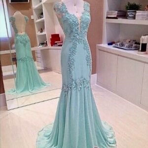 2021 Appliques Chiffon Elegant Sleeveless Open-Back V-Neck Mermaid Prom Dress_Prom Dresses_Prom &amp; Evening_High Quality Wedding Dresses, Prom D