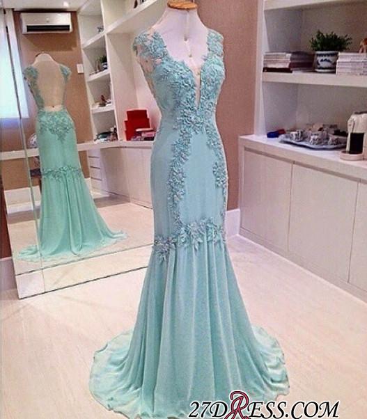 2021 Appliques Chiffon Elegant Sleeveless Open-Back V-Neck Mermaid Prom Dress_Prom Dresses_Prom &amp; Evening_High Quality Wedding Dresses, Prom D