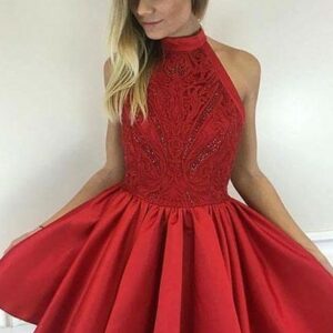 Cute A-line Short Red Beading High-neck Cocktail Dress_Short Dresses_Prom &amp; Evening_High Quality Wedding Dresses, Prom Dresses, Evening Dresse