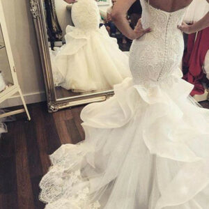 Sexy Mermaid Ruffles Lace Wedding Dress 2021 Spaghetti Strap Sleeveless_Trumpet / Mermaid Wedding Dresses_Wedding Dresses_High Quality Wedding Dresses
