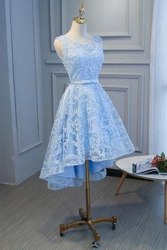 Hi-lo Homecoming Dress Short Sky Blue Sin mangas Apliques florales Una línea Mini vestido